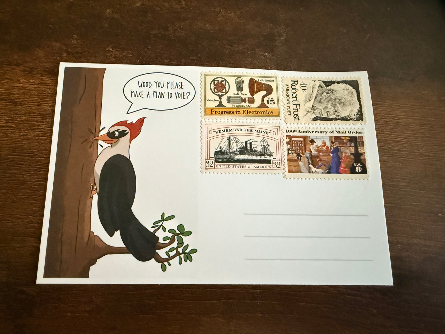 Stamps Affixed: 100 Woodpecker postcards to voters